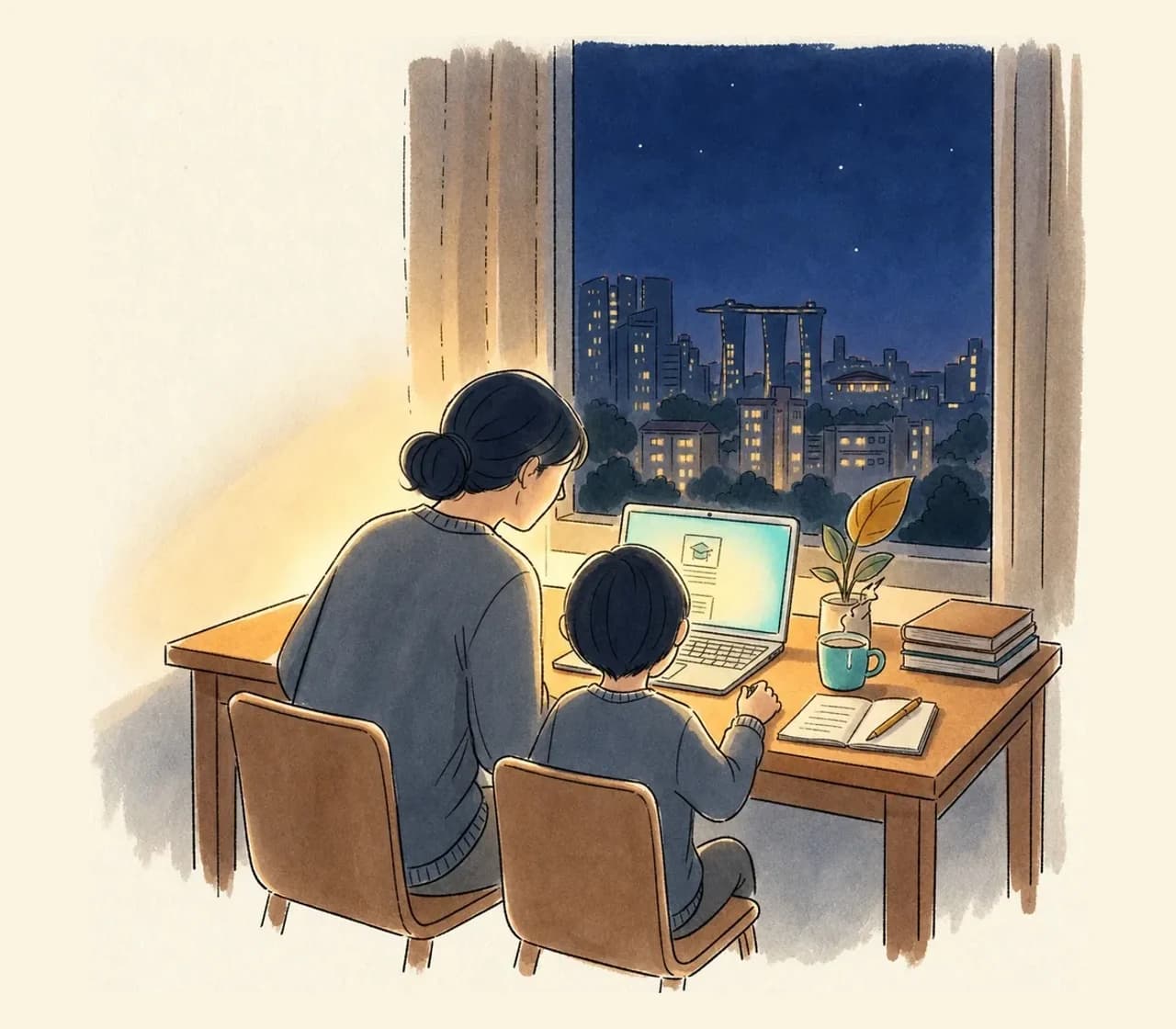 The same tutor and child at the desk in the evening, lit by a warm lamp, with the lit-up Singapore skyline through the dark window.