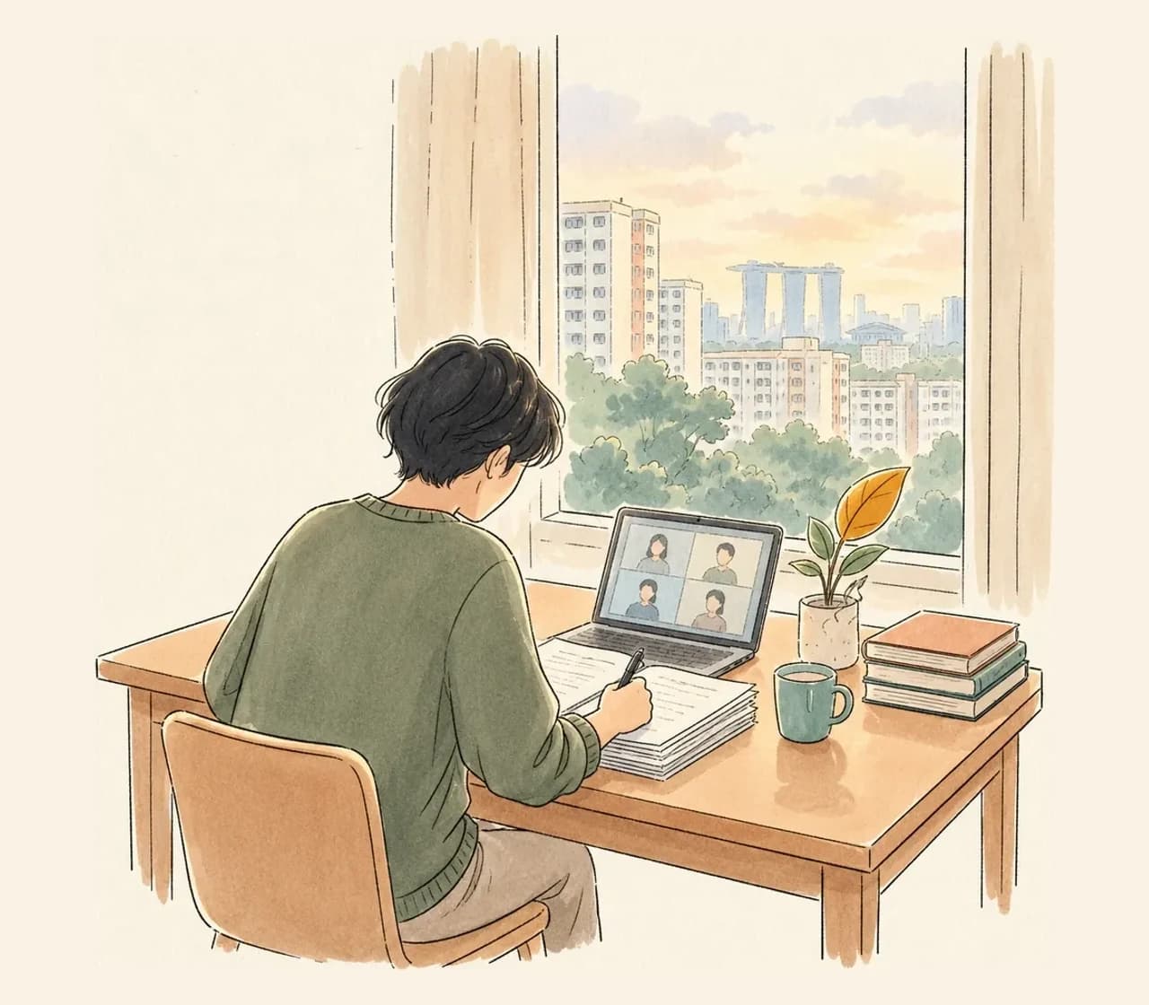 A tutor at a desk marking a stack of worksheets, a laptop beside them showing an online lesson, with Singapore HDB blocks and the city skyline through the window.